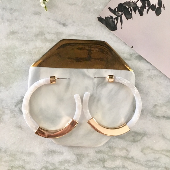 White Gold Bar Acrylic Tortoise Hoop Earrings - Picture 2 of 7